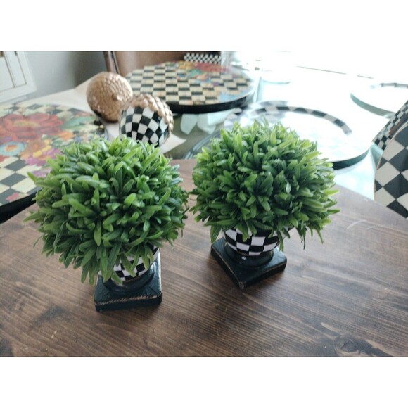 Pair of Urn Planters Rosemary Plants 6 & 7" hgt Hand Painted Black White Check - Picture 2 of 2